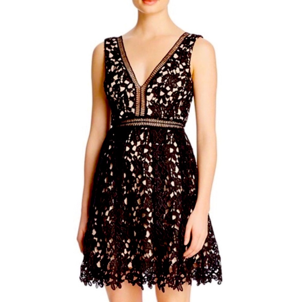 Alya Sleeveless V-Neck Dress Black Beige Lace